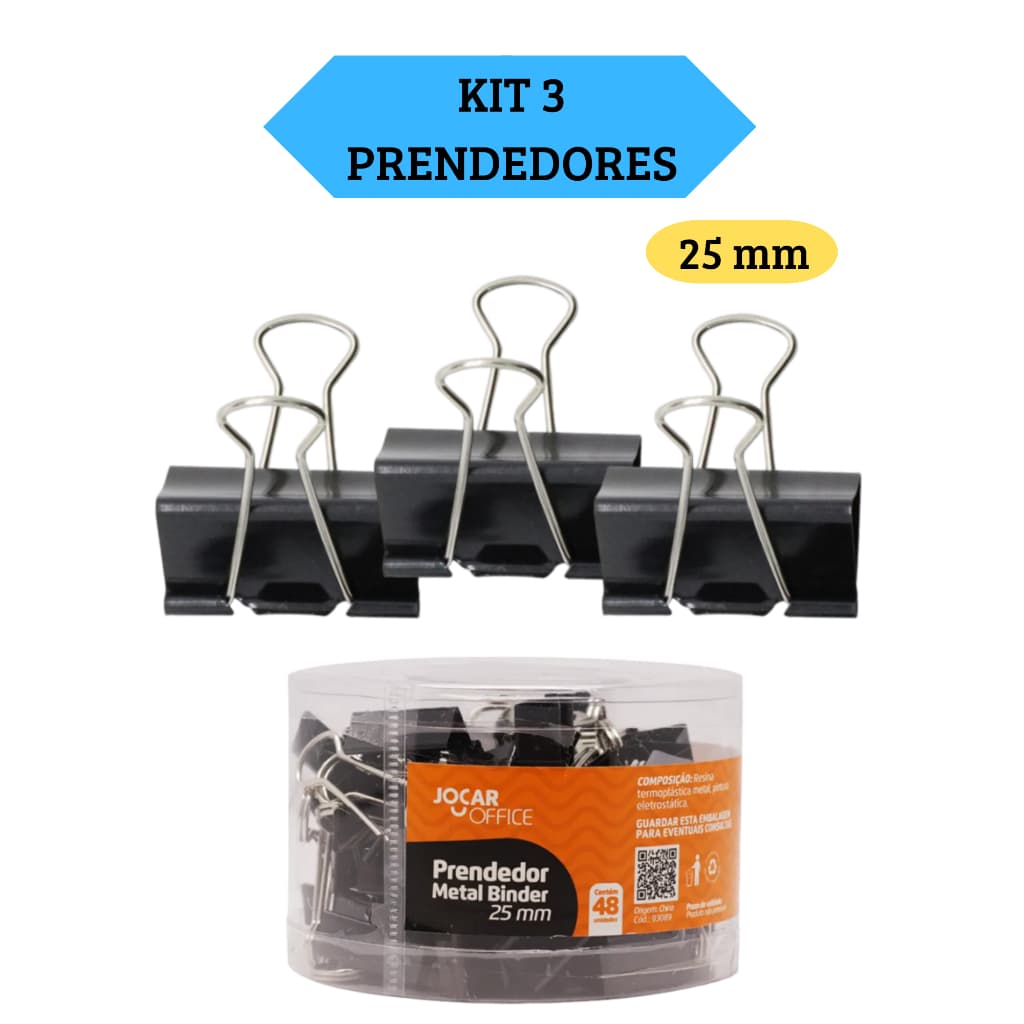 Kit 3 Prendedores Metal Binder Preto 25Mm Jocar Office