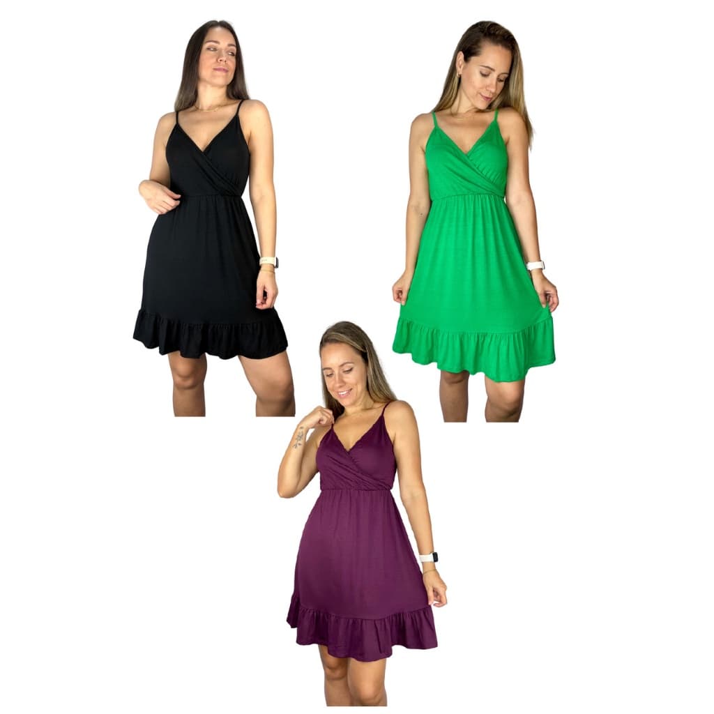 Kit 3 Vestido Alcinha Cores Premium Alças Transpassado Casual Gestante Grávida Amamentar Amamentação