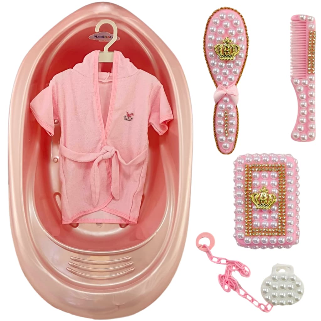 KIT HORA DO BANHO DO BEBÊ BANHEIRA 22L PLASTIBABY ROUPAO KIT BANHO ESCOVA PENTE SABONETEIRA PRENDEDOR CHUPETA C/ PÉROLAS