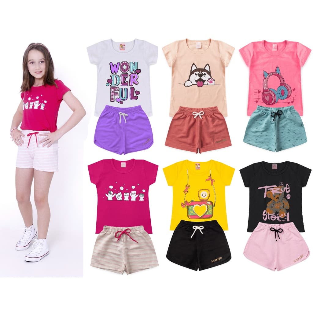 Kit Com 5 Conjuntos Infantil Feminino Roupa De Criança Para Menina Baby Look e Short L33