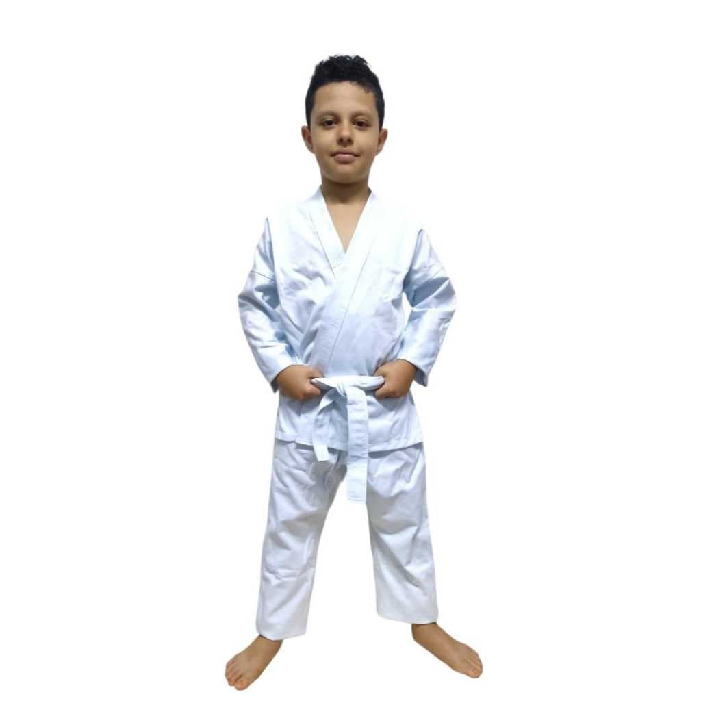 Kimono Karatê infantil brim liso Reforçado nas cores branco e preto acompanha faixa branca