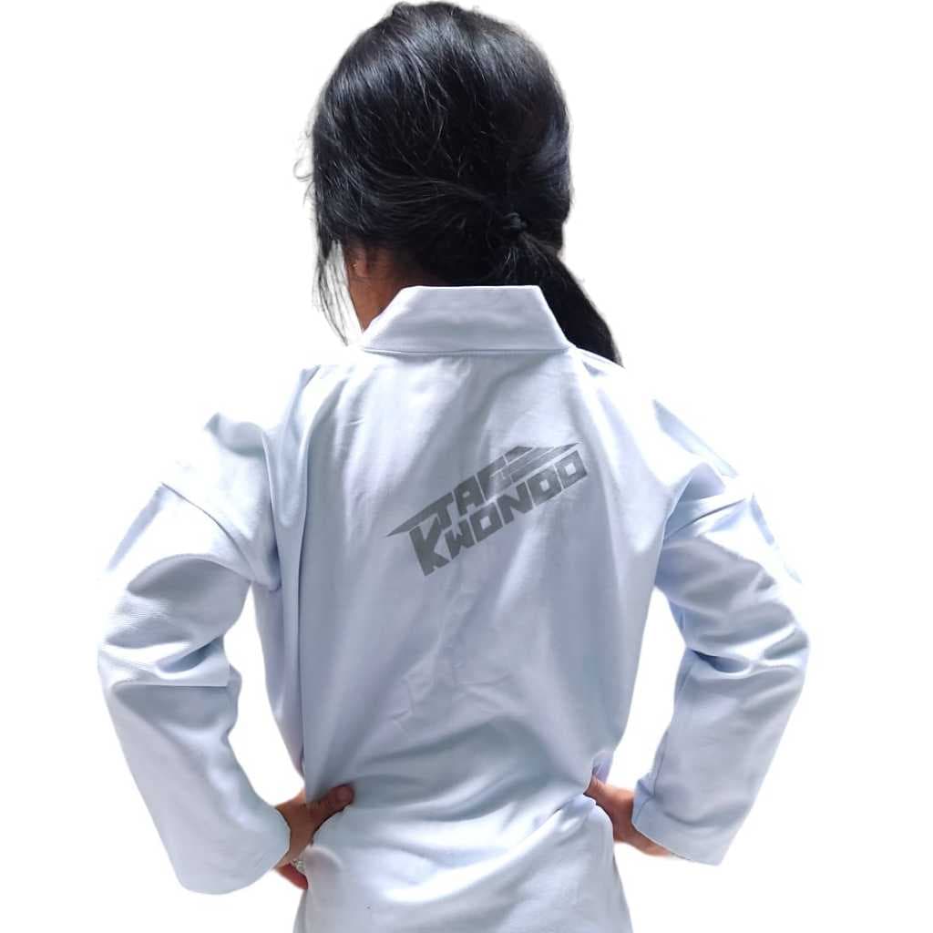 Kimono Taewkondo infantil brim reforçado com faixa branca lisa fabricação própria