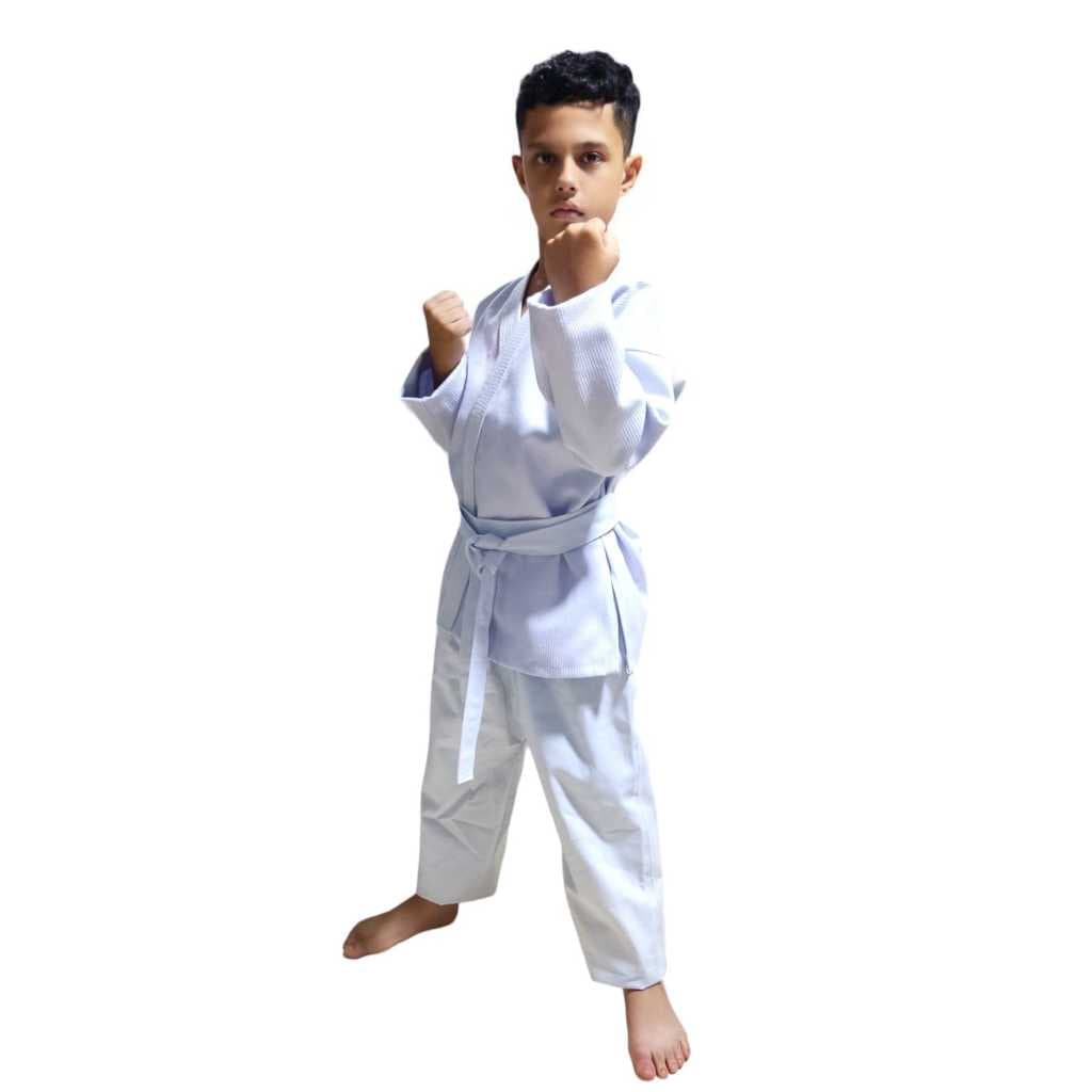 Kimono Judô infantil Brim Trançado com faixa branca lisa fabricação própria