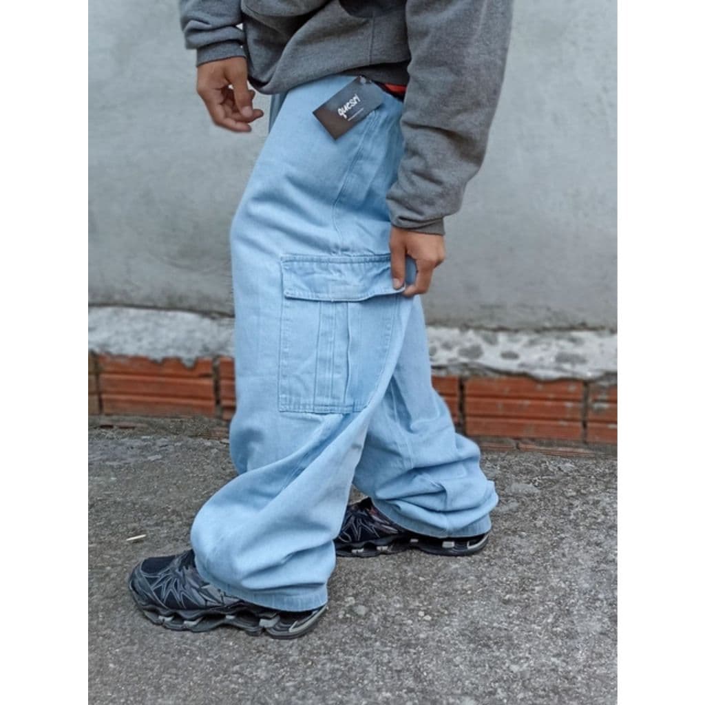 Calça Cargo Masculina Jeans Skatista Modelo Larga Com Bolso Lateral Envio Imediato