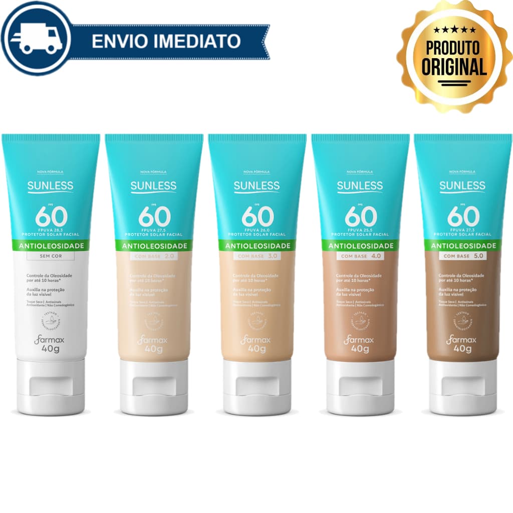 Protetor Solar Facial Antioleosidade com Base FPS 60 Efeito Matte Sunless 40g Envio Imediato