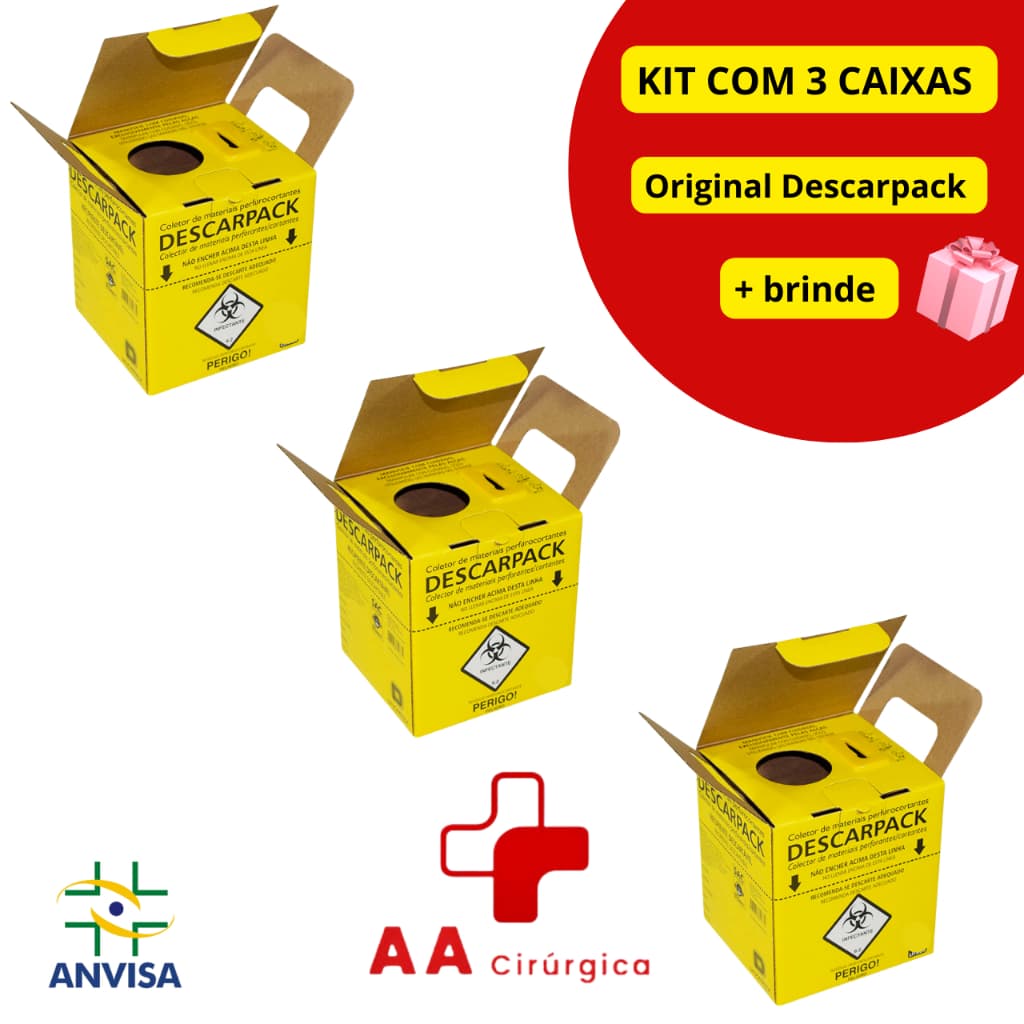 KIT 3 - Caixa coletora DESCARPACK Perfuro Cortante - 1,5L / 3L / 7L / 13L / 20L