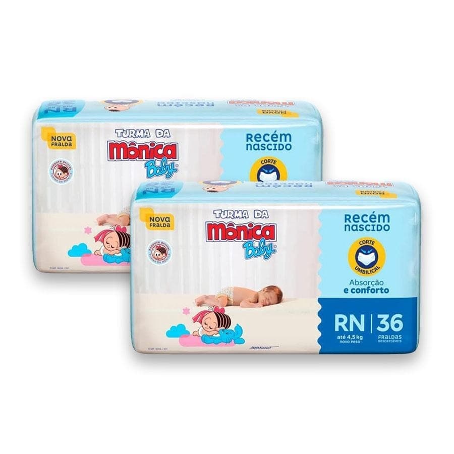 Kit 2ptes Fralda RN Turma da Mônica 36un cada - Total 72un