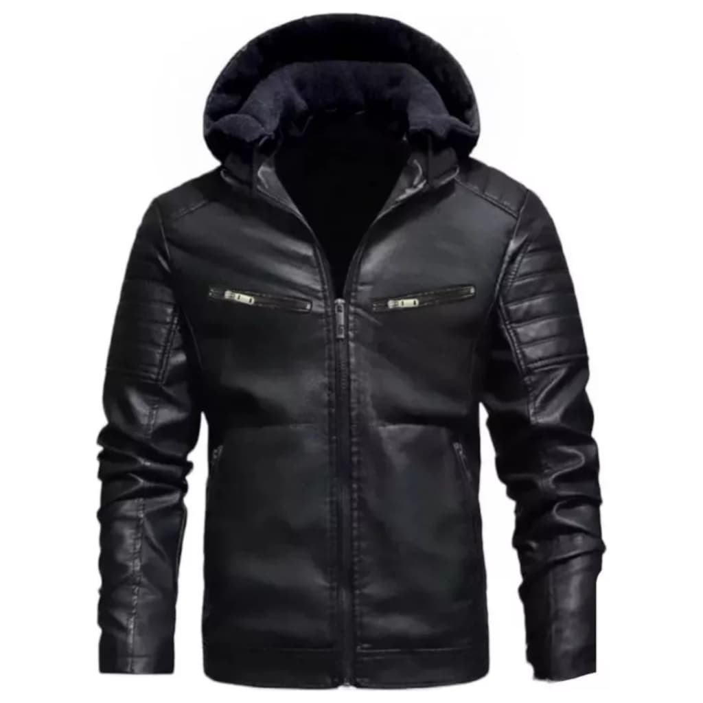 Jaqueta De Couro Com Capuz Casaco Slim Forrado Peluciada