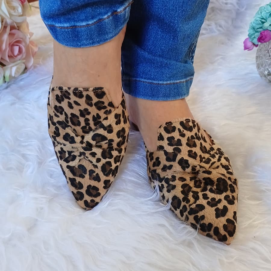 Mule Feminino Sandália Rasteira muller scarpin entrelaçado Bico Fino Mocassim ONÇA ESTAMPADO