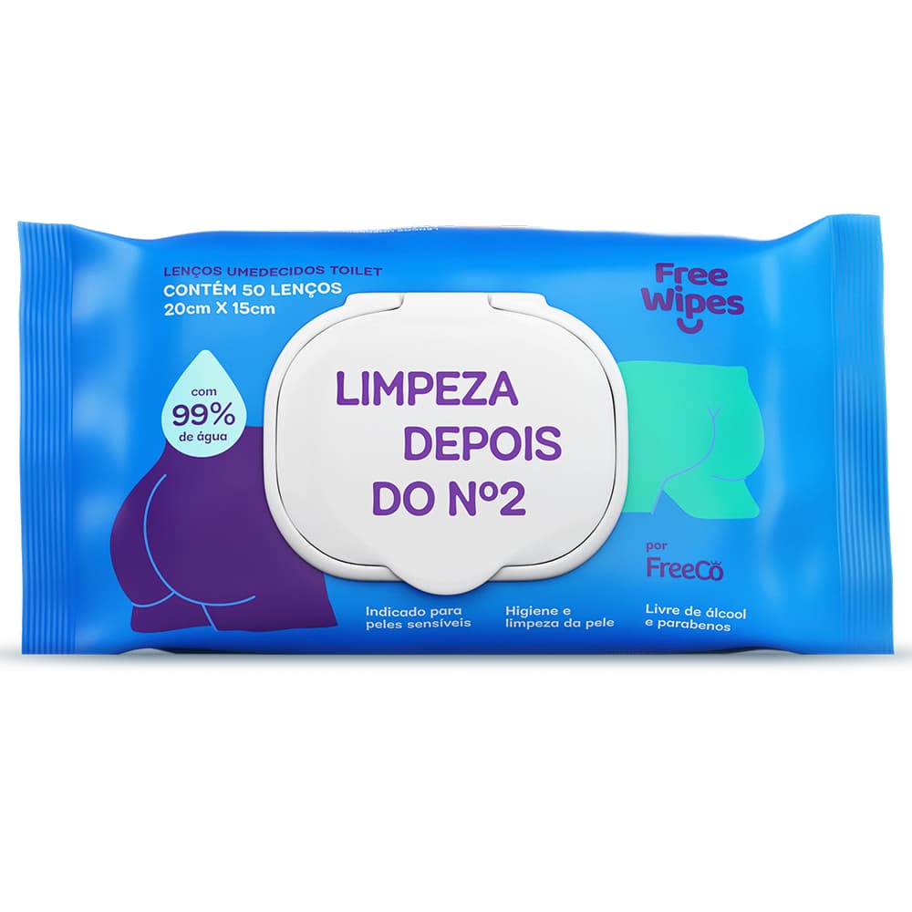 Lenço Umedecido FREE WIPES para higiene após o Nº2 - Embalagem com 50 lenços