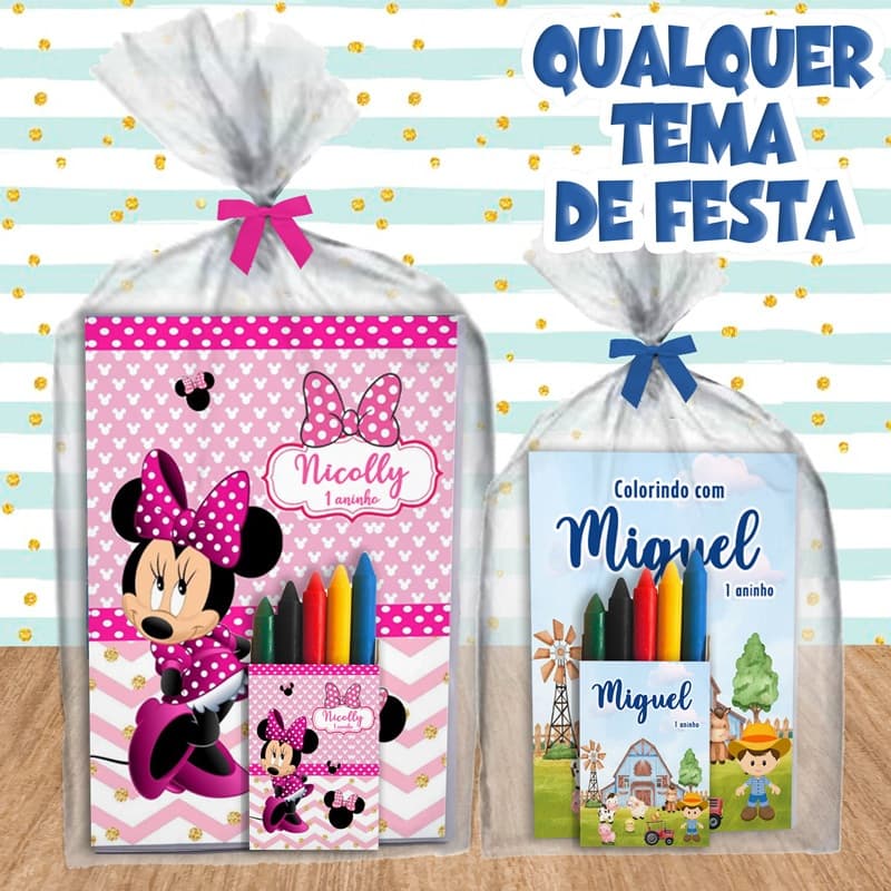 Kit de Livros para Colorir + Mini Giz Nome Personalizado Capa Brilho -Festa Aniversário Lembrancinha