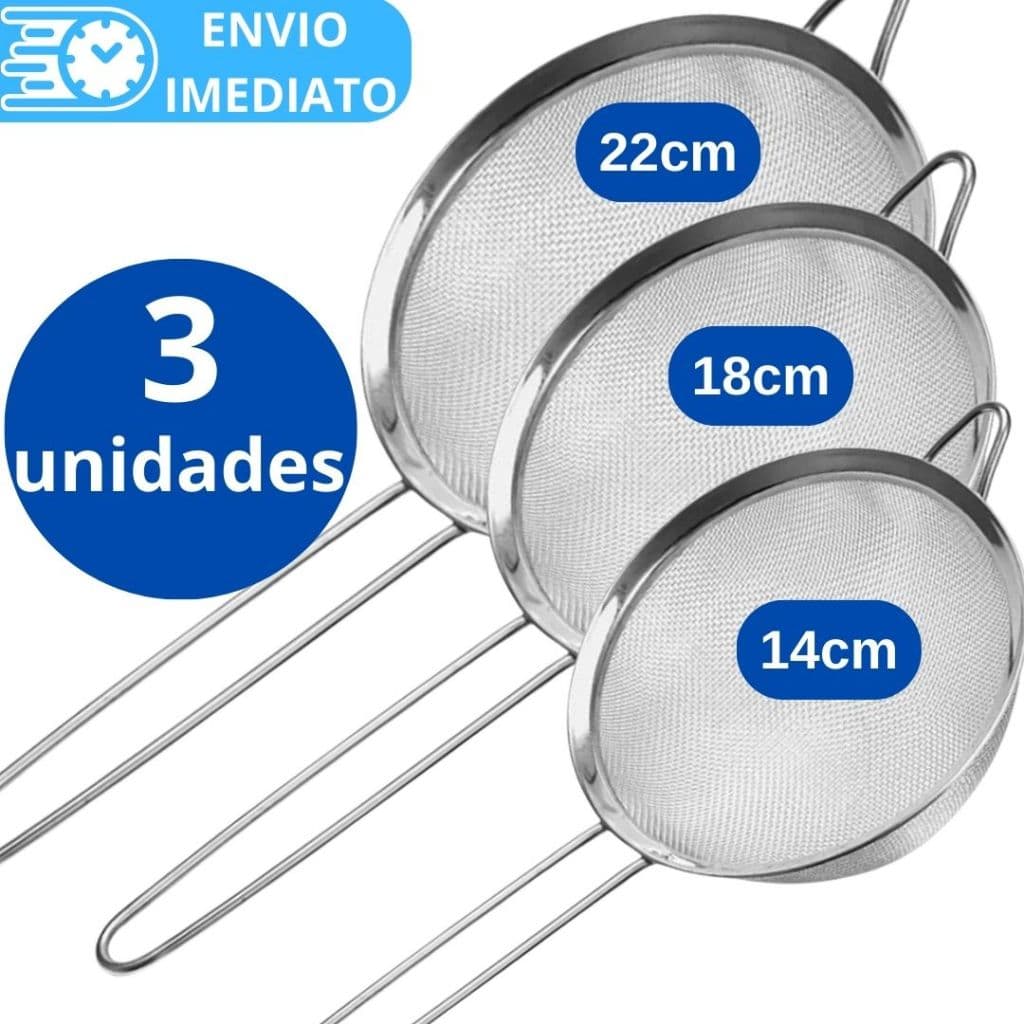 KIT Jogo 1/3 Unidades Peneira Coador de Aço Inox 22cm 18cm 14cm 10cm para Cozinha Casa Restaurante Oleo Farinha.
