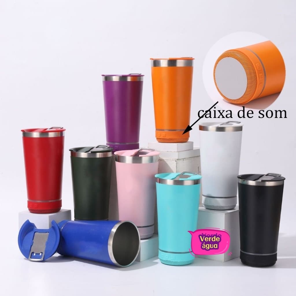 Copo térmico inox com tampa abridor e caixa de som com bluetooth Led