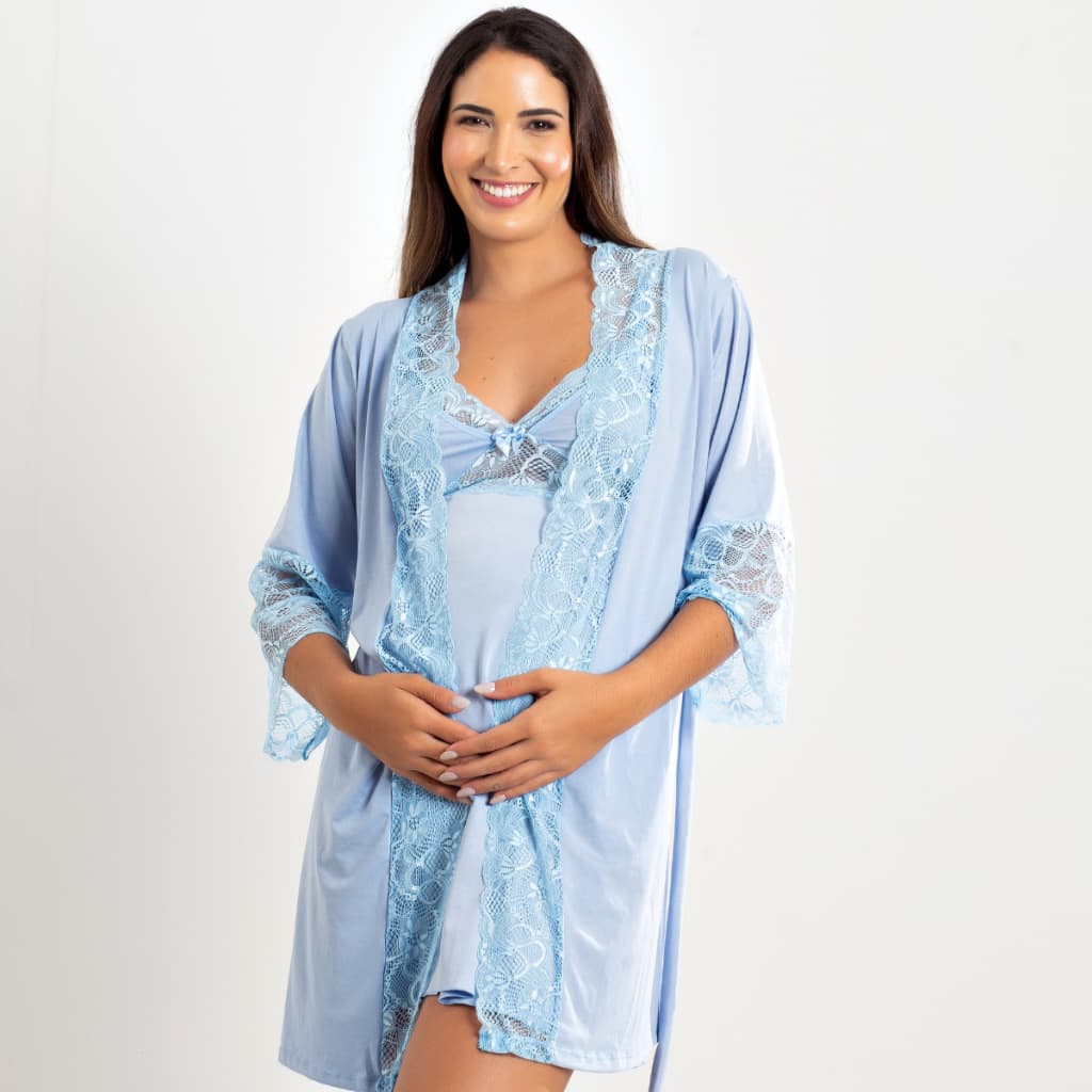 Kit Camisola Amamentação Com Click Frontal e Robe Luxo Maternidade