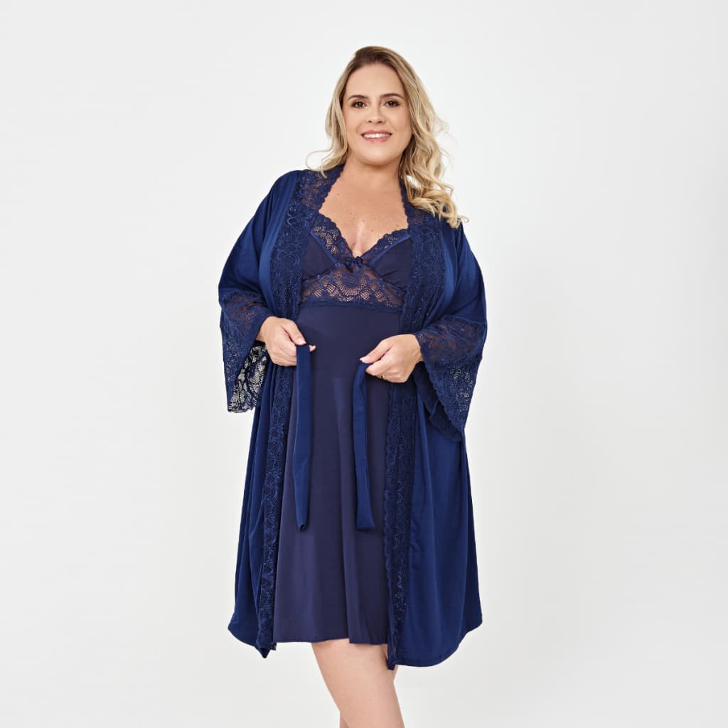 Kit Plus Size Camisola Amamentação Gestação e Robe luxo Renda