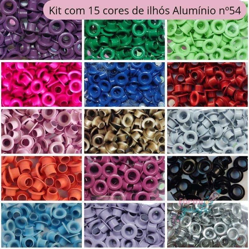 Kit ilhós alumínio n°54 com 15 cores para artesanato aplicação feita com crop e alicate.