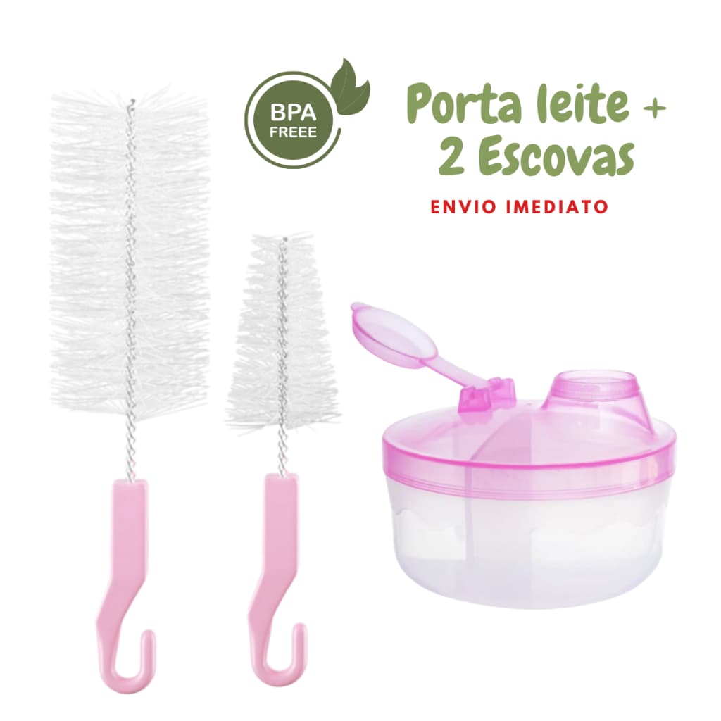 Kit Essencial 2 Escovas de Mamadeira + Porta Leite em Pó Para Bebê