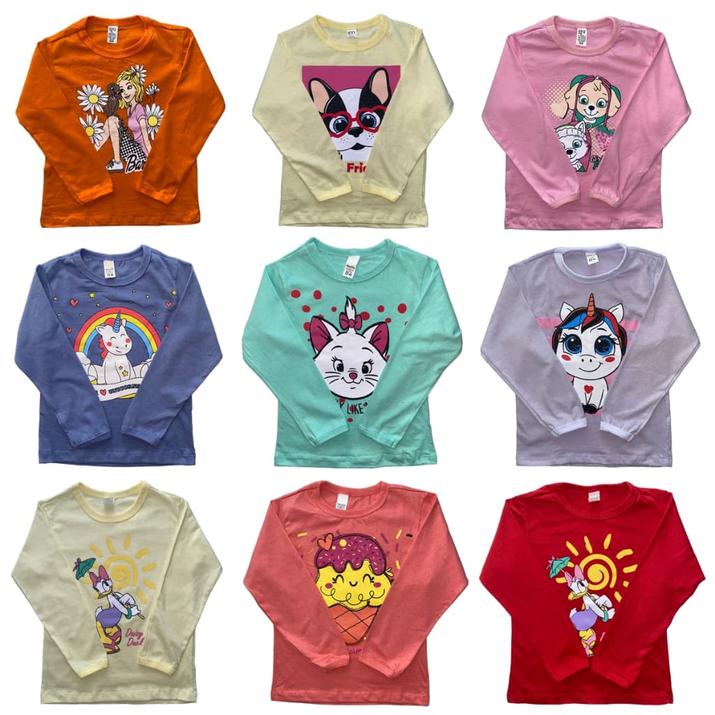 Kit 5 Camisetas Infantil Feminina Manga Comprida Com Estampa Desenhos Menina Frio Inverno Meia Estação 2 à 8 Anos