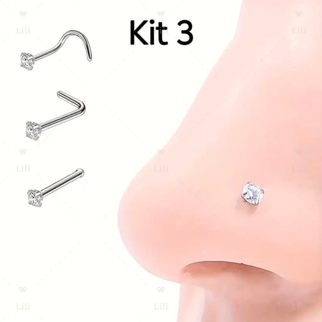 Conjunto de 3 Peças ,Piercing de Nariz em Aço cirúrgico com Zircônia 2mm Incrustada unissex