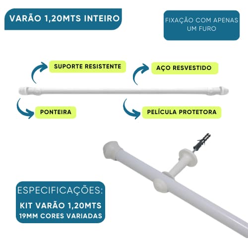 Varão para cortinas 1,20mts 19mm simples Europa