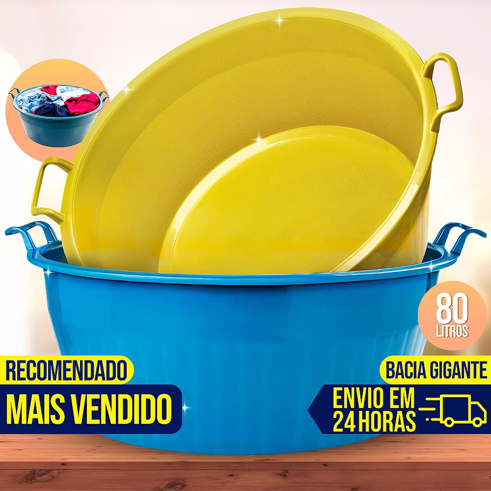 Bacia GIGANTE 80 Litros Plástico Grande Resistente Multiuso 2 Alças Lava Roupa Cabe Tudo