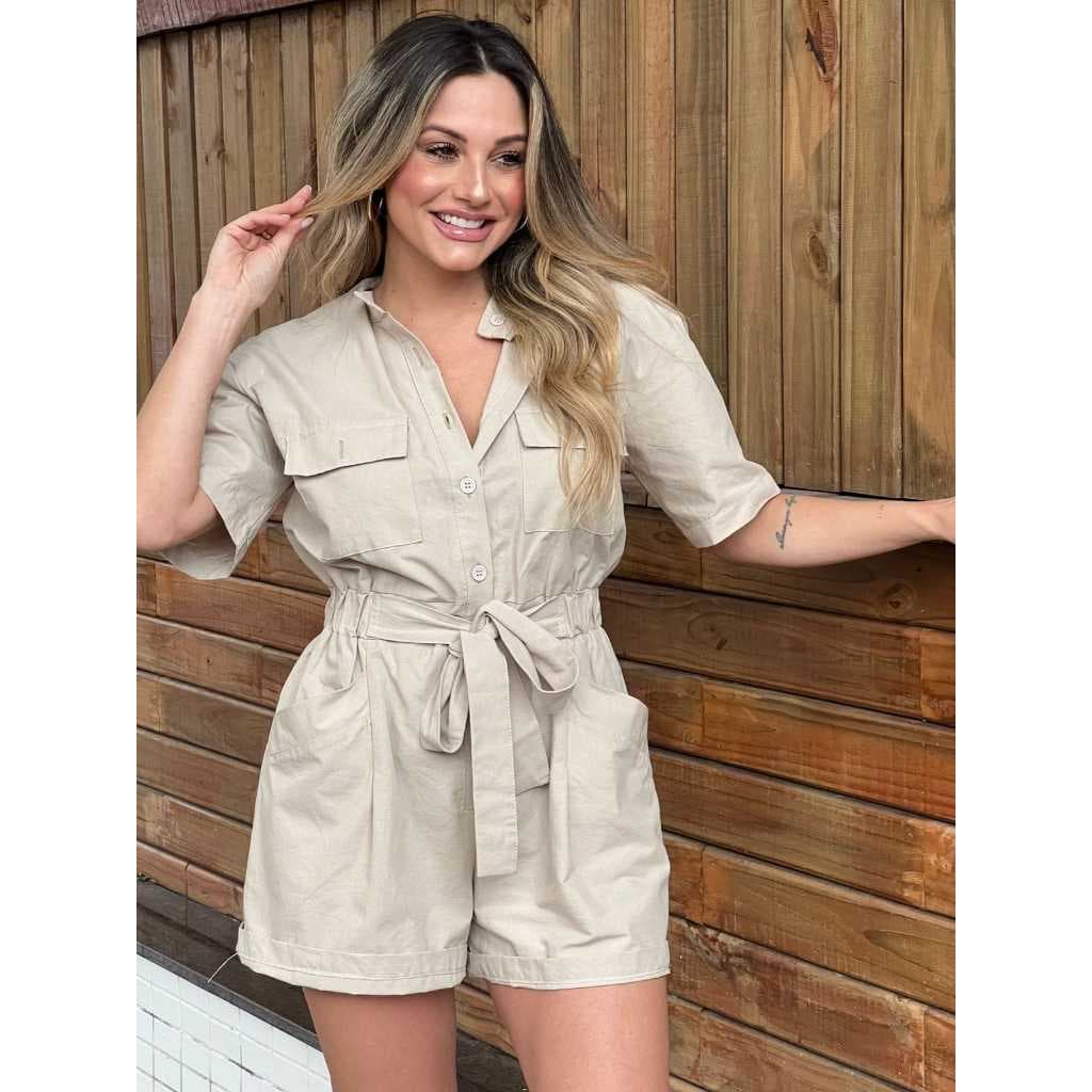 Macaquinho  Linho Laço Frontal Dois Bolsos , elegante, festa Casual