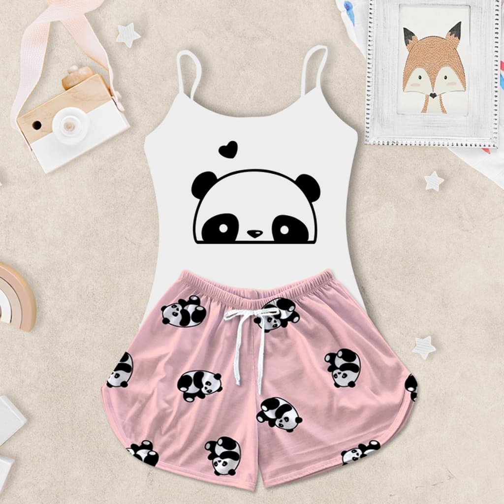 Pijama Infantil Feminino Baby Doll Camisa Alcinha Panda Rosa