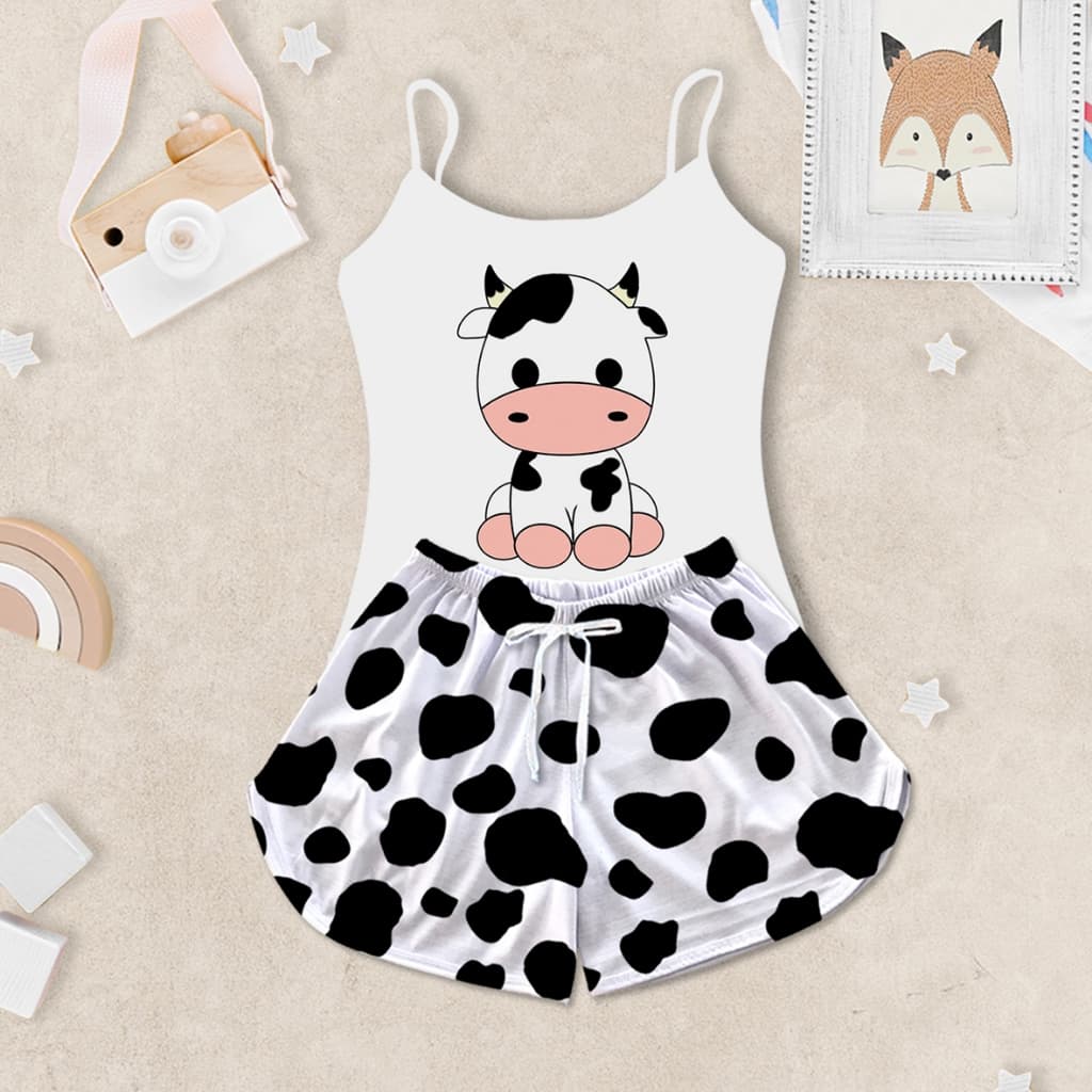 Pijama Feminino Infantil Baby Doll Estampa Vaca Preta