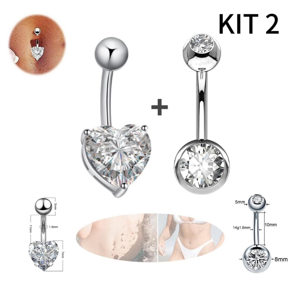 Kit 2 piercing de umbigo com strass pedra zircônia coração aço inoxidável