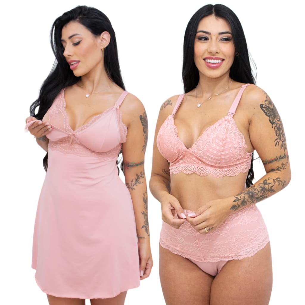 Kit 3 peças Camisola amamentação e Conjunto Calcinha Pós Parto Sutiã  Amamentar sem bojo click fácil