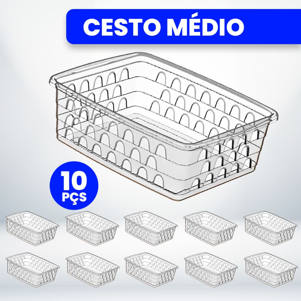 Kit com 10 Cestos Organizadores Multiuso Transparente 20x15,5x6,5 Médio