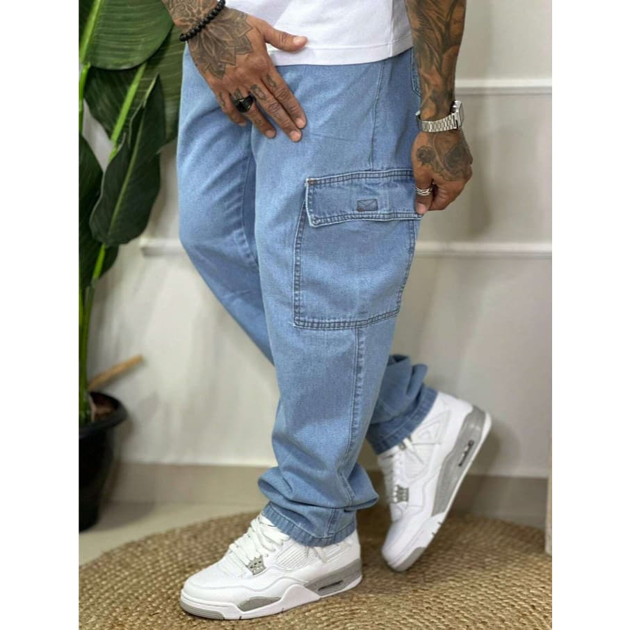Calça Masculina Cargo Jeans Claro  Cos Elástico Cordão Skatista