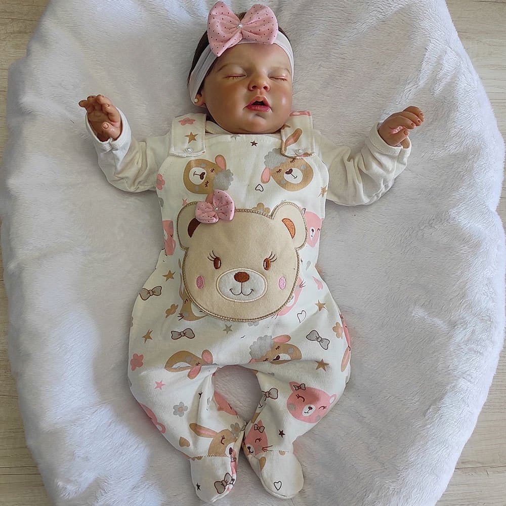 Jardineira Bebê Menina com Body Manga Longa Kids Ursinha Lola Palha