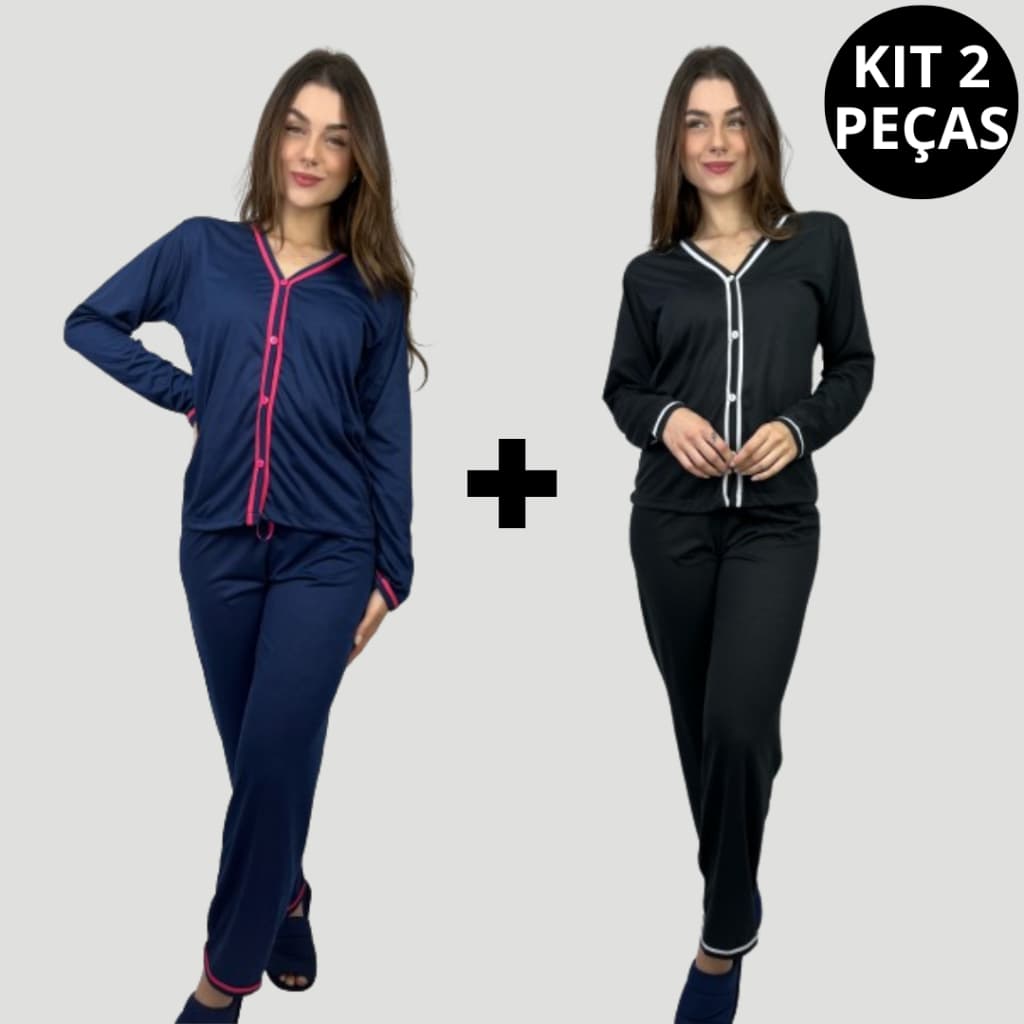 KIT 2 Peças Pijama Longo Americano Blogueirinha Feminino Aberto Amamentação de Botão Blogueira Promoção