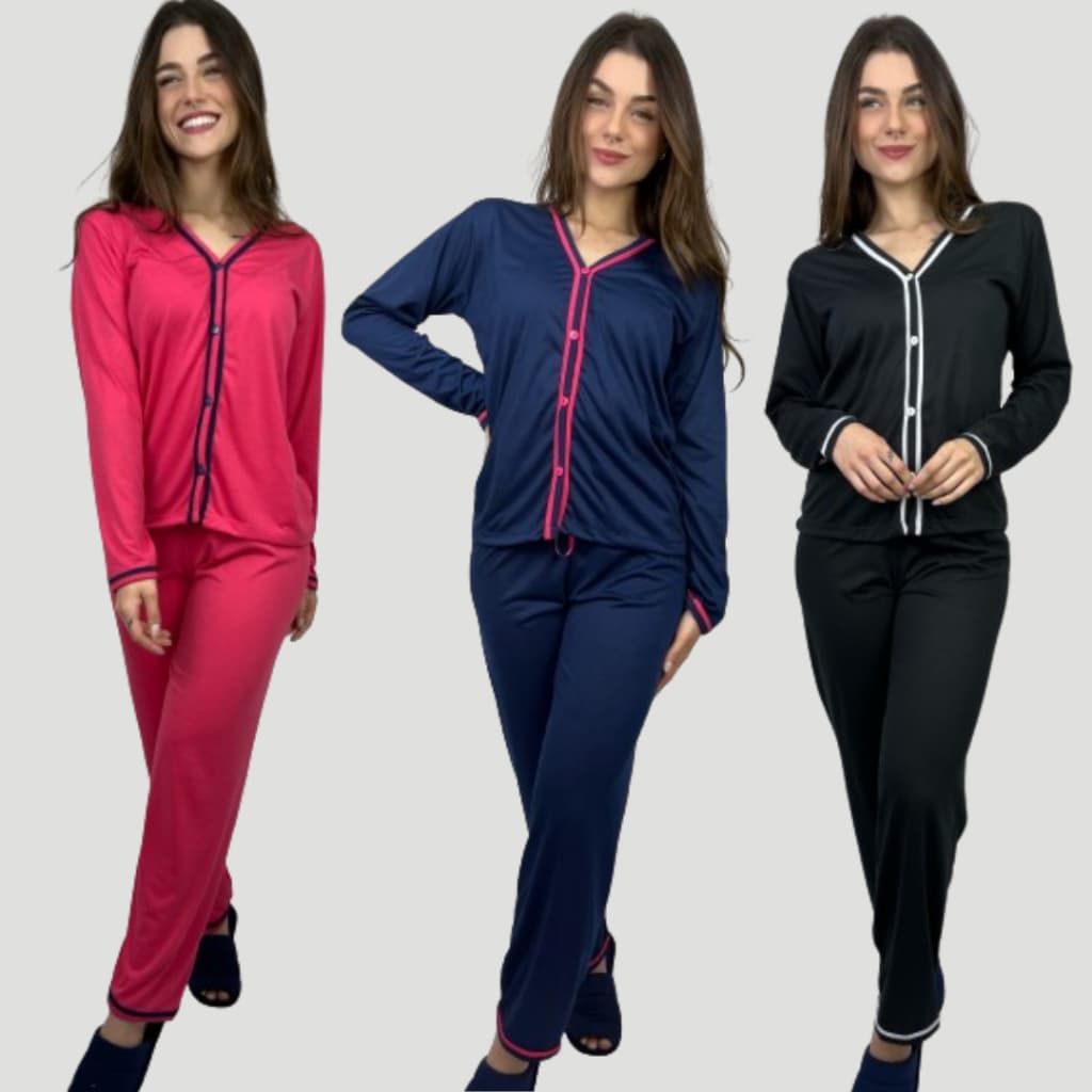 Pijama Inverno Manga Longa Blogueira Frio Botão PROMOÇÃO