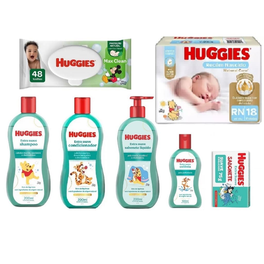 Kit Huggies Higiene Infantil Extra Suave Livre De Lágrimas Com Fralda E Lenço 7 Itens