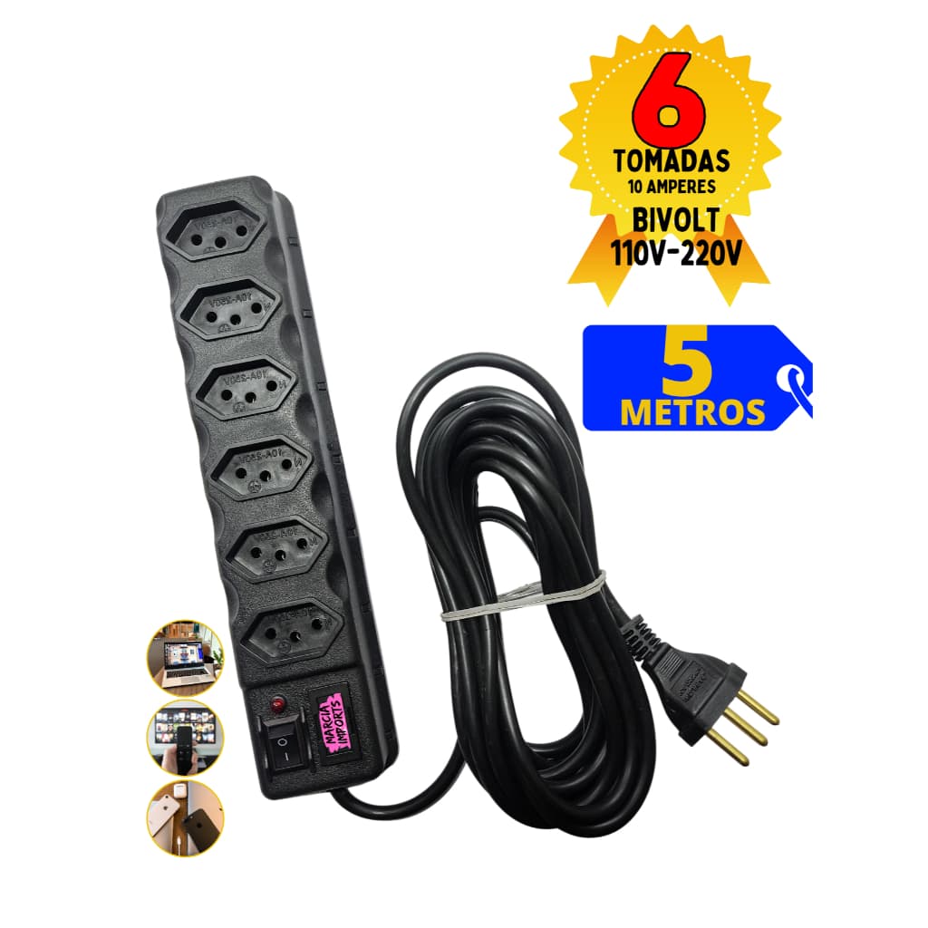 Regua Eletrica 5M Bivolt de 6,5,4 e 3 tomadas Filtro de Linha com Fusivel 110v 220v
