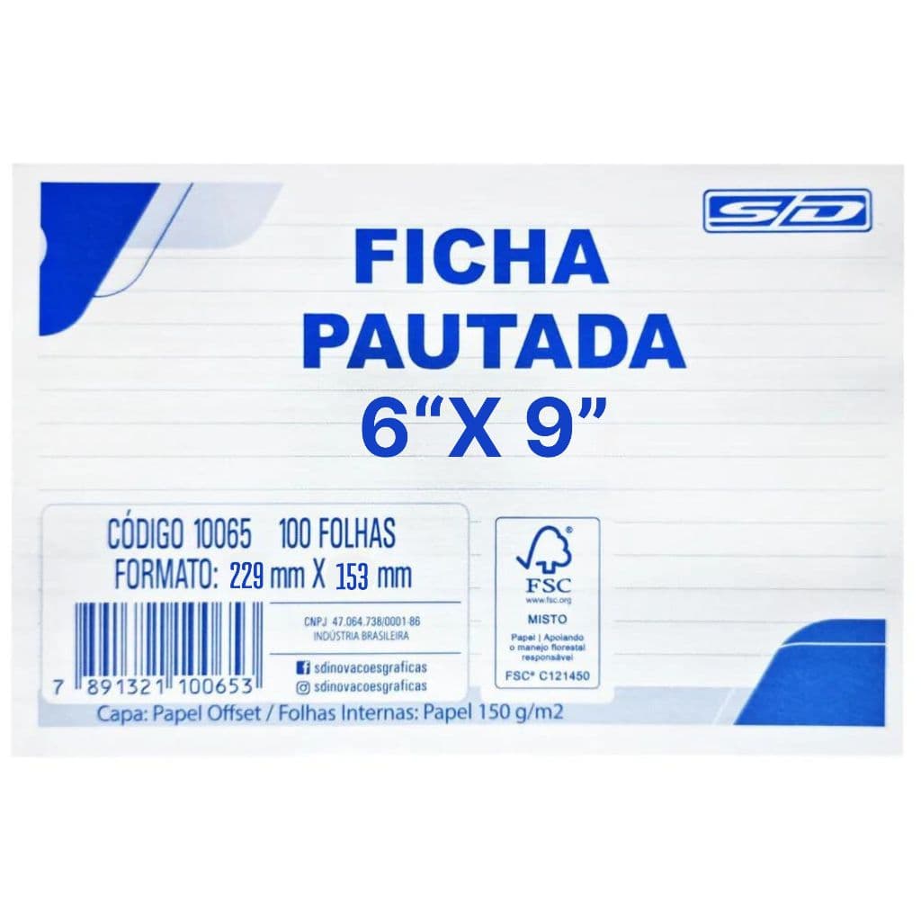 Ficha Pautada 6x9 (229 x 153 mm) com 100 Fichas - Animativa