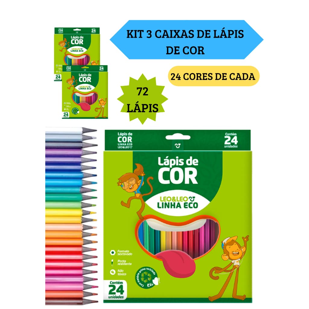 Kit 3 Caixas de Lápis de Cor Caixa com 24 Cores Escolar Sextavado Leo&Leo