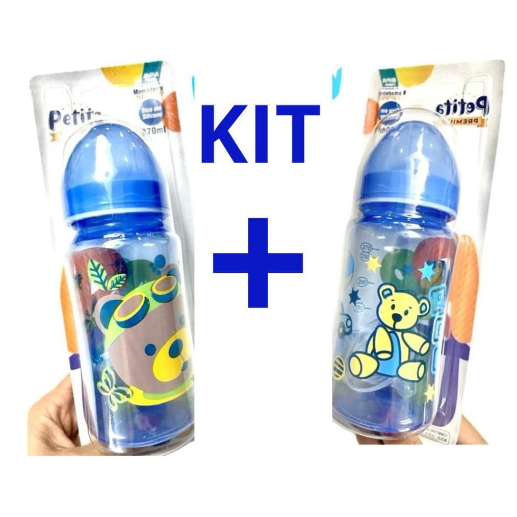 kit 2 Mamadeiras Petita 270 ml Bico Super Urso Aviador e Urso Amarelo