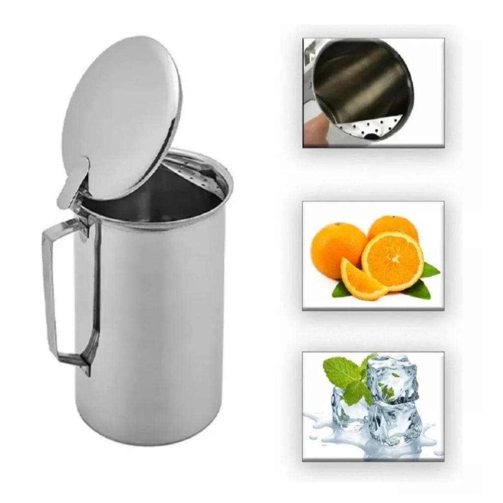 Jarra Para Água Suco Refri com Aparador de Gelo e com Tampa em Aço Inox 2L