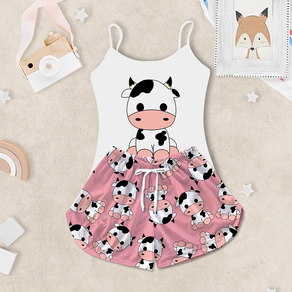 Pijama Feminino Infantil Baby Doll Estampa Vaca Rosa