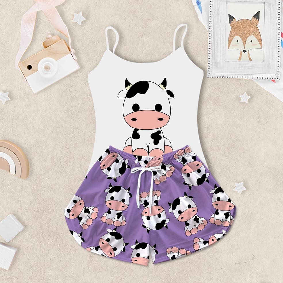 Pijama Feminino Infantil Baby Doll Estampa Vaca Lilás