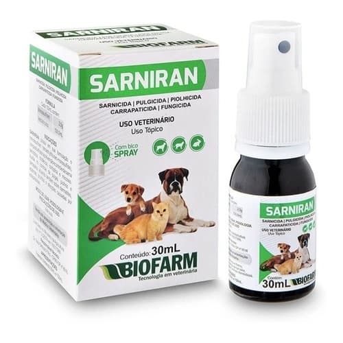 Sarniran Antiparasitário e Antifúngico em Spray p/Cães Gatos - 30ml - Biofarm