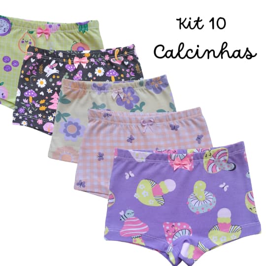 Kit Com 10 Calcinhas Shortinho Menina Box Boxer Estampadas Cottom Premium Feminina De 2 a 10 Anos