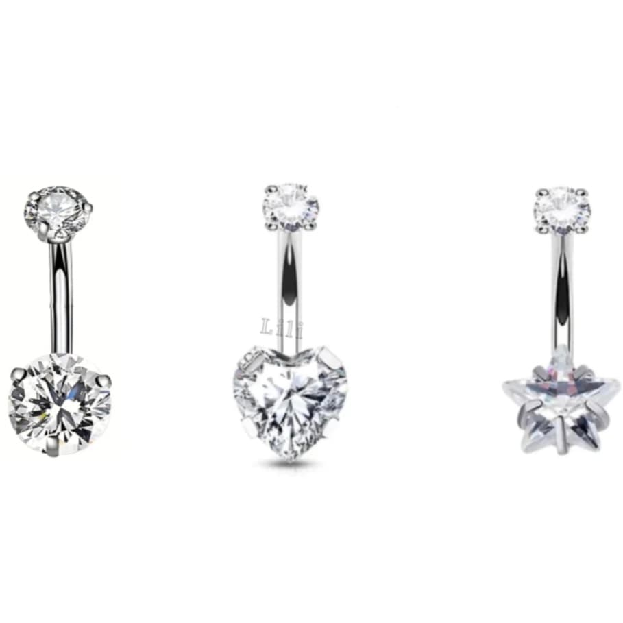 Kit Piercing de Umbigo Zircônias de Estrela/Coração  em Aço Cirúrgico Rosca interna