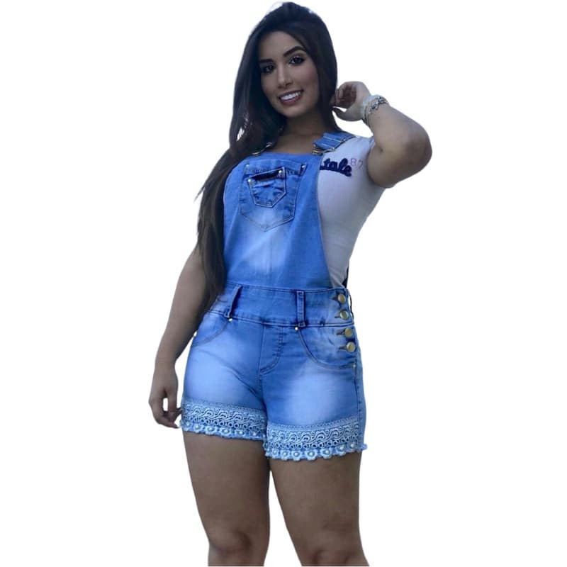 jardineira macaquinhos jeans feminino COM RENDA