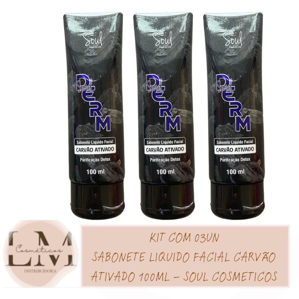 Kit com 03un Sabonete Liquido Facial Carvão Ativado 100ml - Soul Cosmeticos