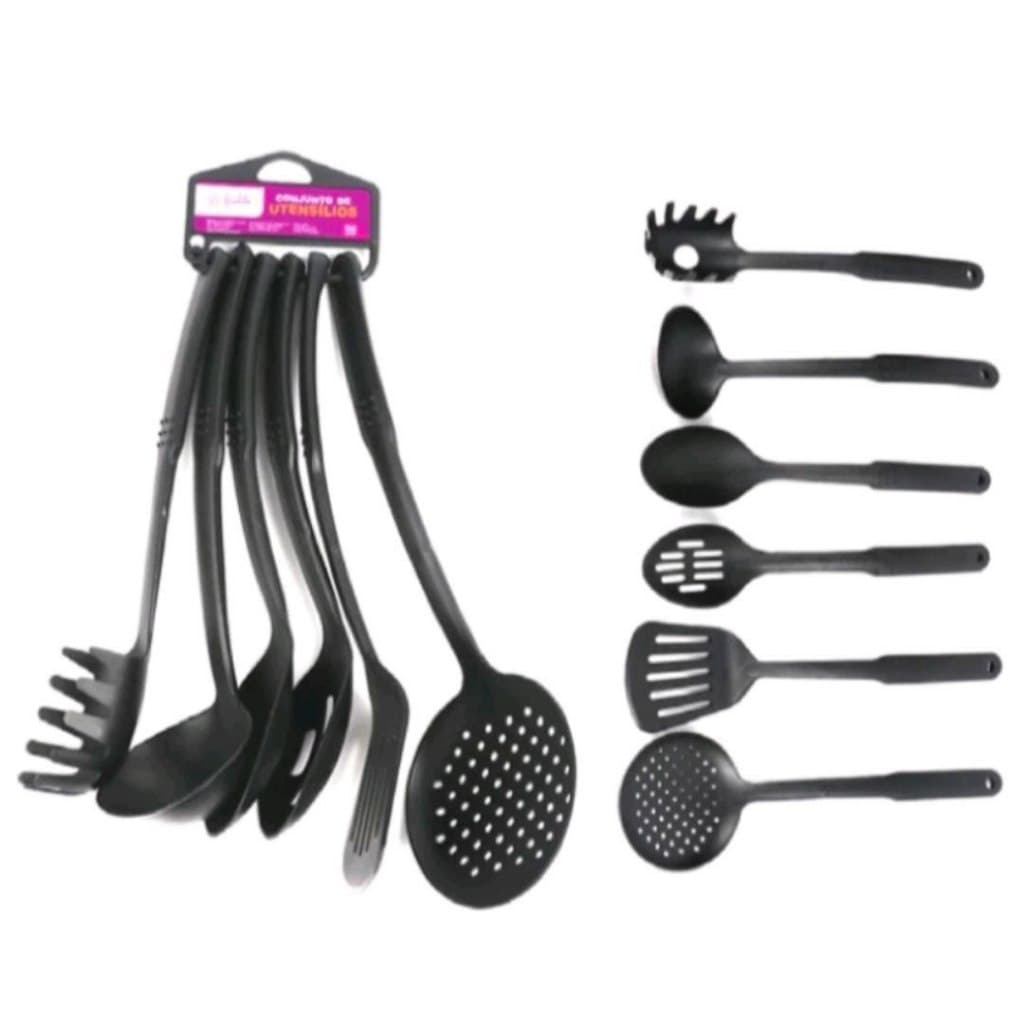 Kit Jogo De Utensílios Com 6 Peças Talheres Para Cozinha Preto