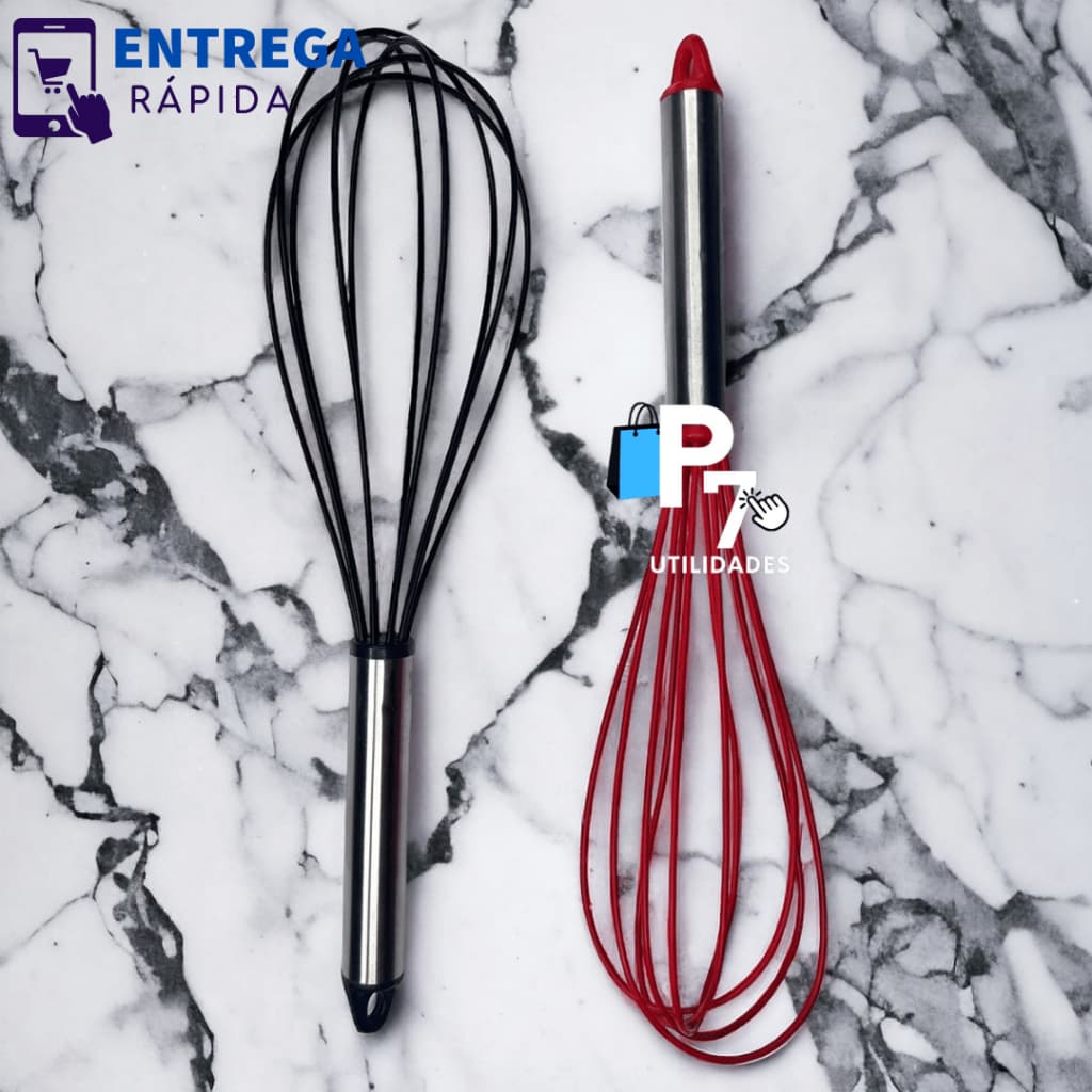 Batedor de Ovos e Claras e Massas Fouet 30 cm de Inox com Silicone Vermelho ou Preto